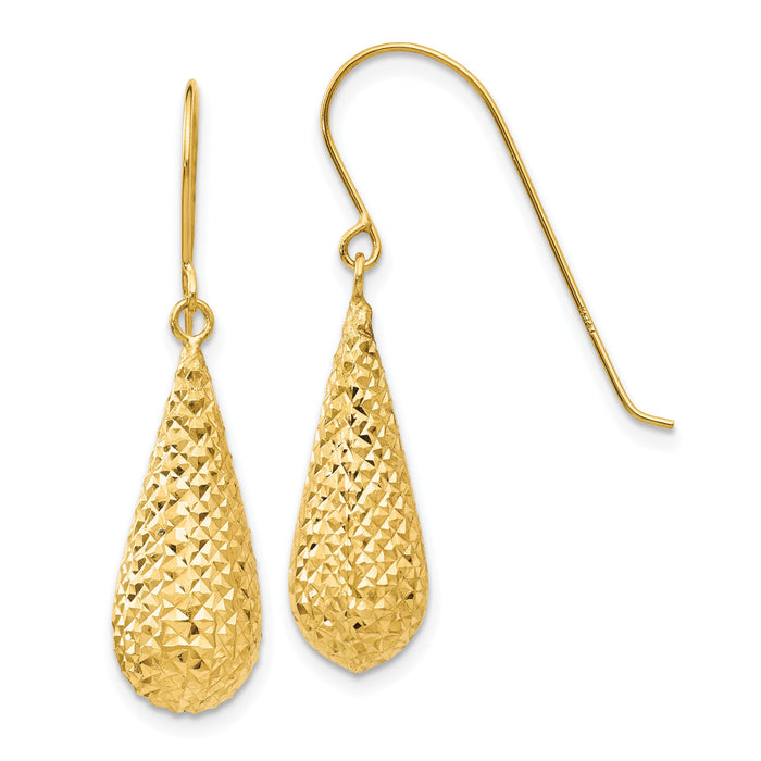 14K Diamond Cut Puff Tear Drop Dangle Earrings-TL934