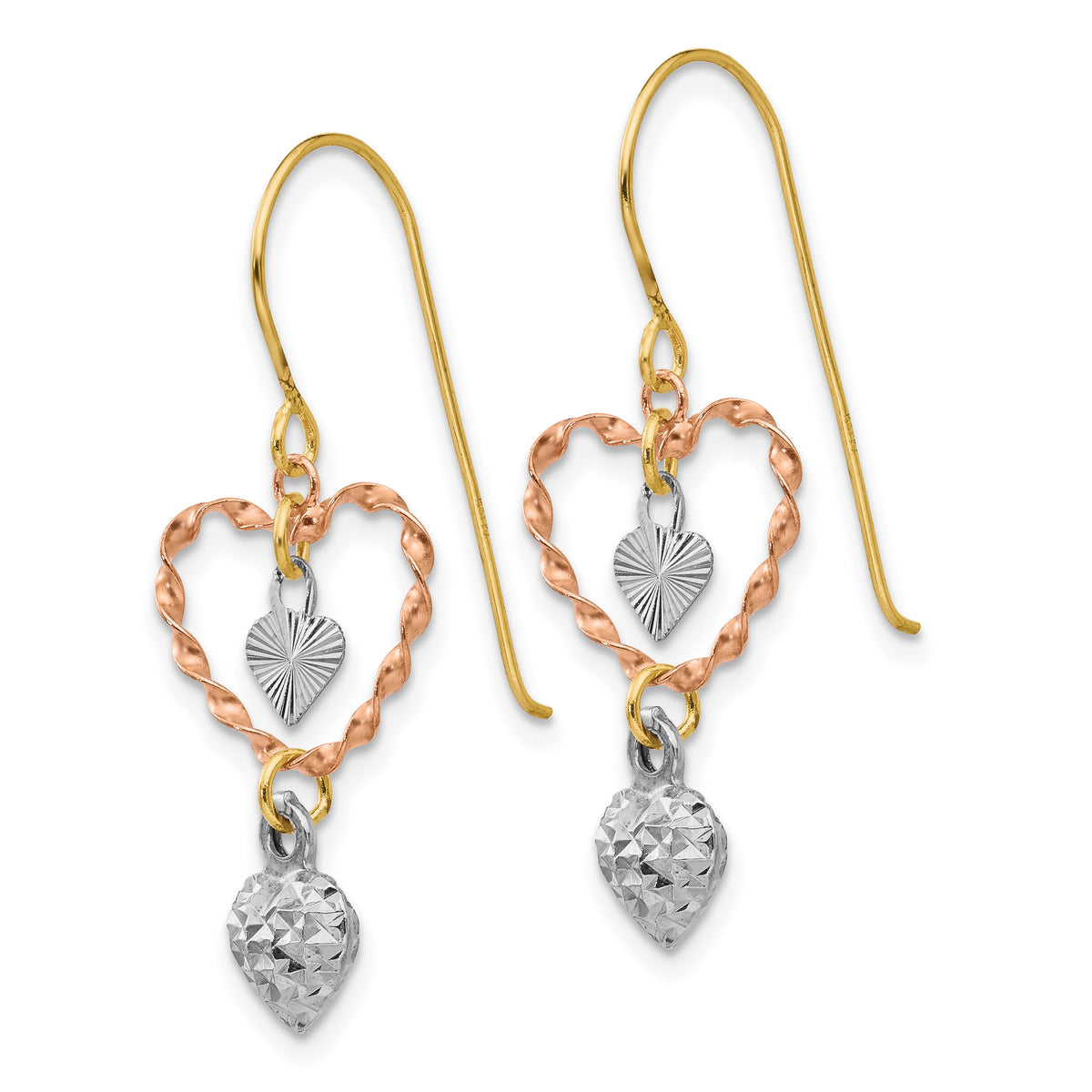14k Tri-color Diamond Cut Heart Dangle Earrings-TL966