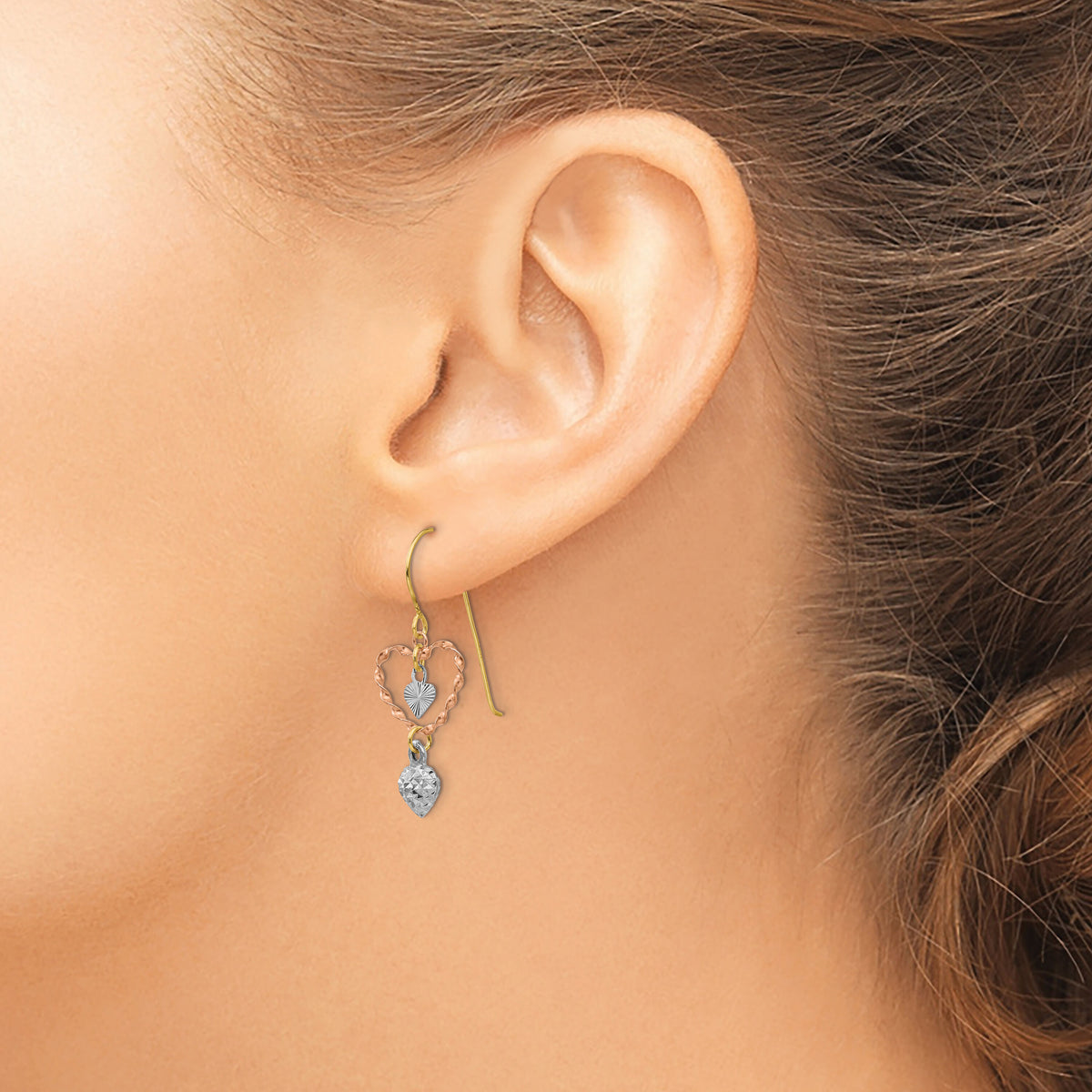 14k Tri-color Diamond Cut Heart Dangle Earrings-TL966