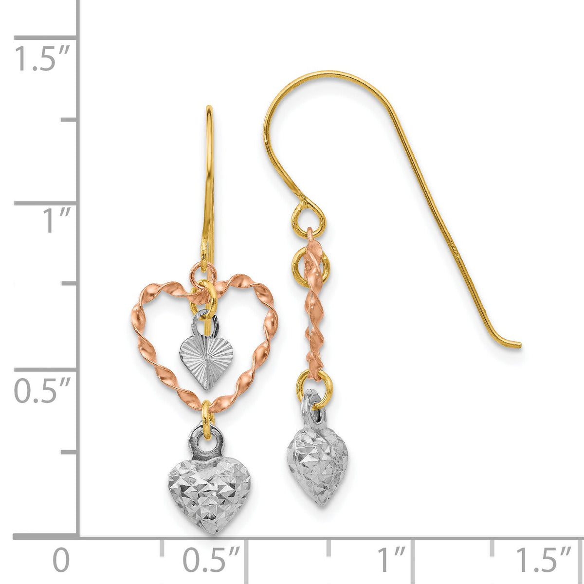 14k Tri-color Diamond Cut Heart Dangle Earrings-TL966