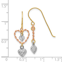14k Tri-color Diamond Cut Heart Dangle Earrings-TL966
