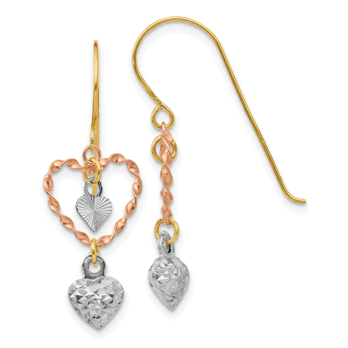 14k Tri-color Diamond Cut Heart Dangle Earrings-TL966