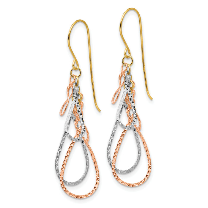 14K Tri-color Diamond Cut Tear Drop Dangle Earrings-TL975