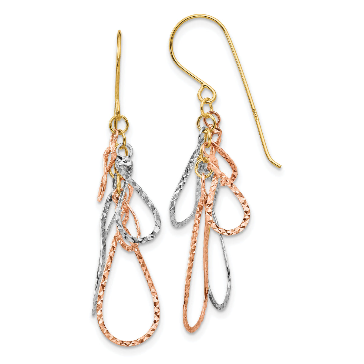 14K Tri-color Diamond Cut Tear Drop Dangle Earrings-TL975