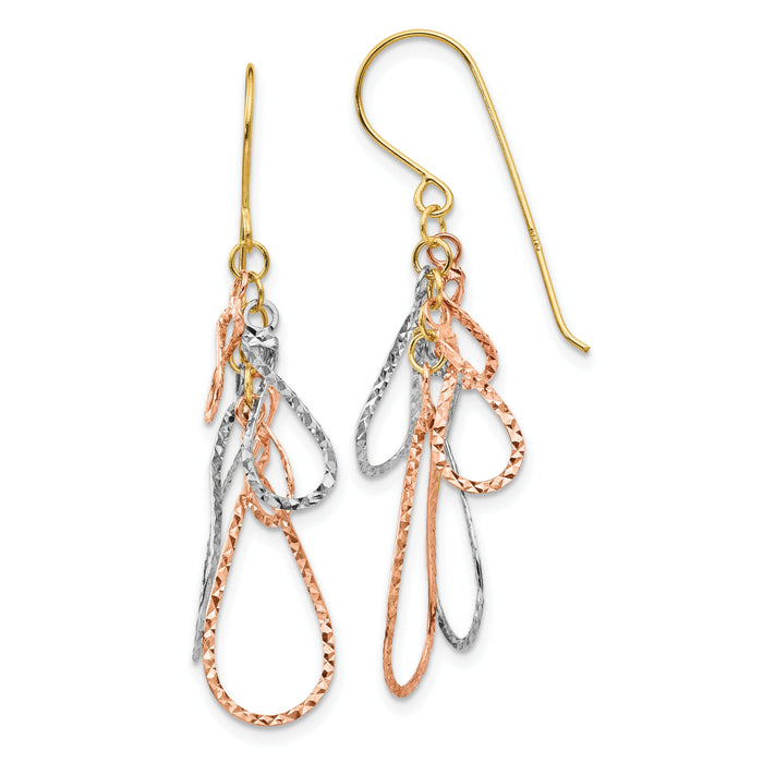 14K Tri-color Diamond Cut Tear Drop Dangle Earrings-TL975