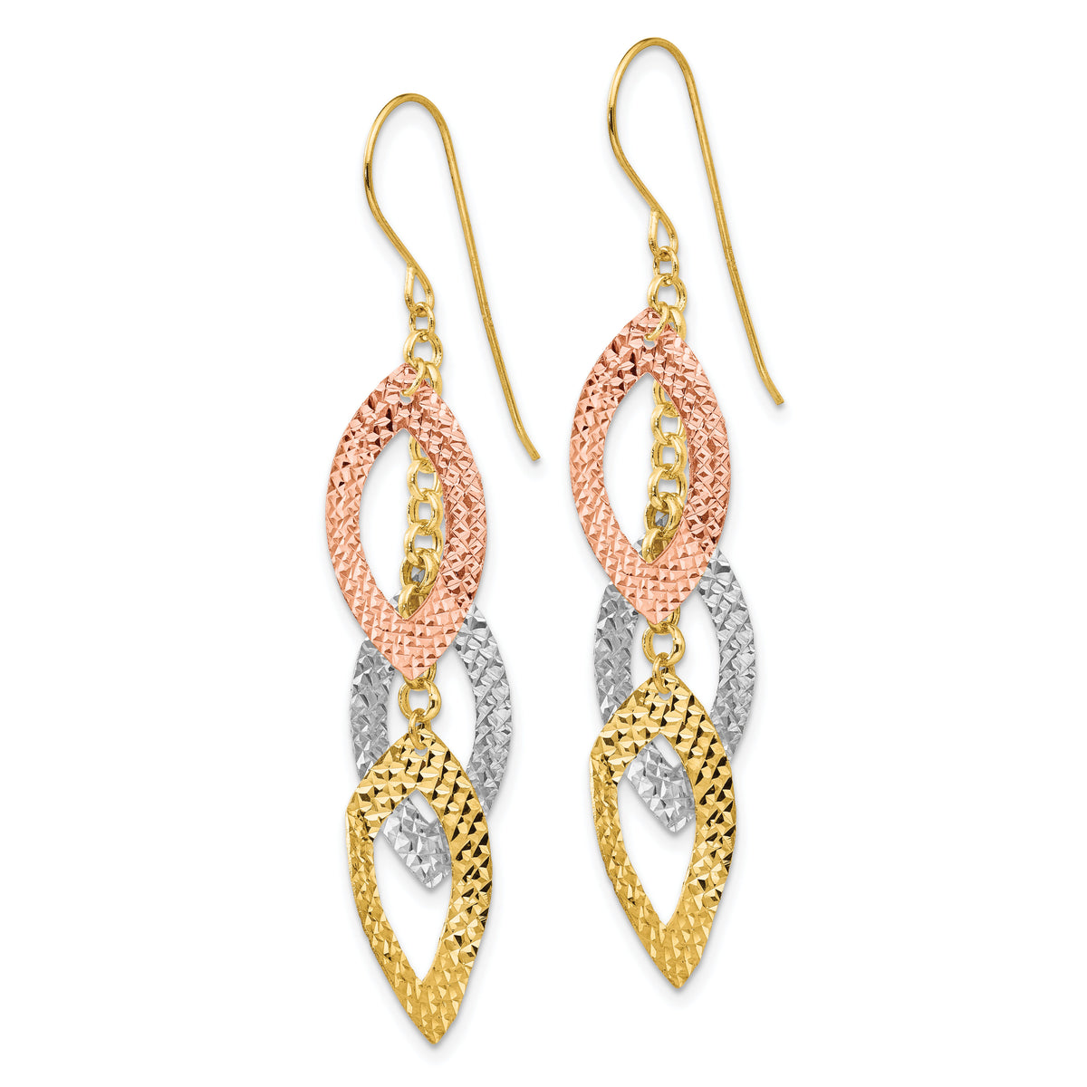 14K Diamond Cut Tri-color Tear Drop Shepherd Hook Earrings-TL976