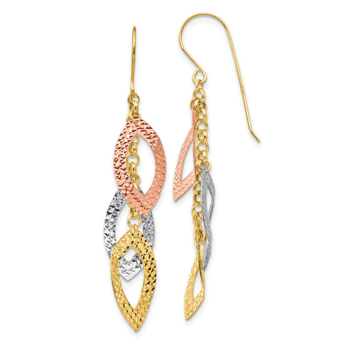 14K Diamond Cut Tri-color Tear Drop Shepherd Hook Earrings-TL976