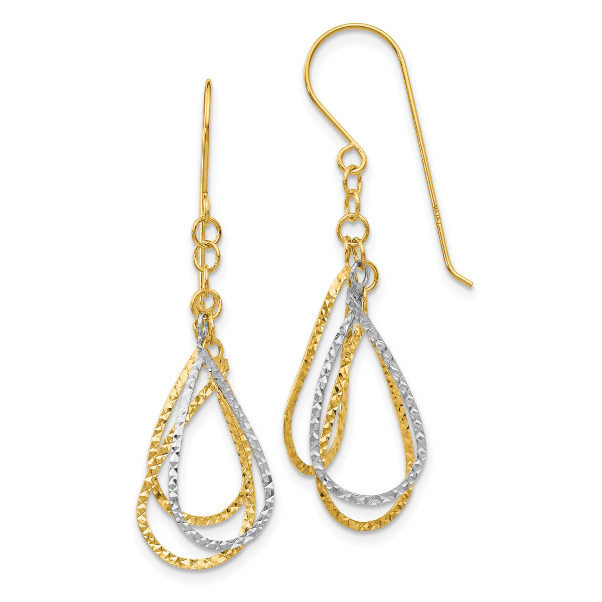 14K Two-tone Diamond Cut Tear Drop Shepherd Hook Earrings-TL977