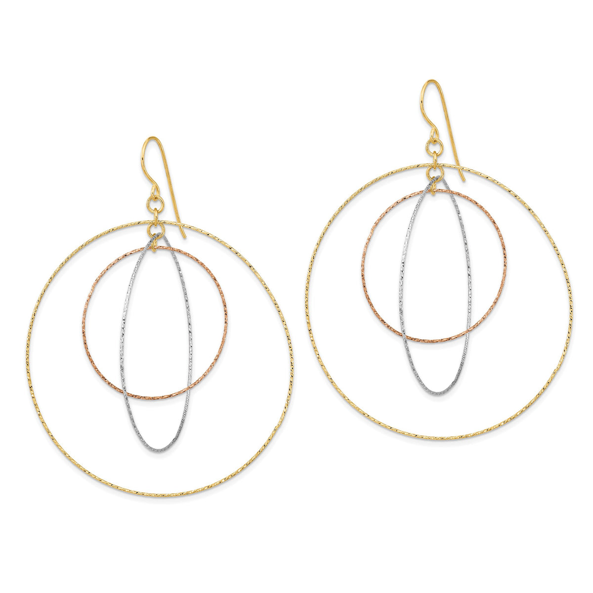 14k Tri-color Diamond Cut Graduated Circles Shepherd Hook Earrings-TL999