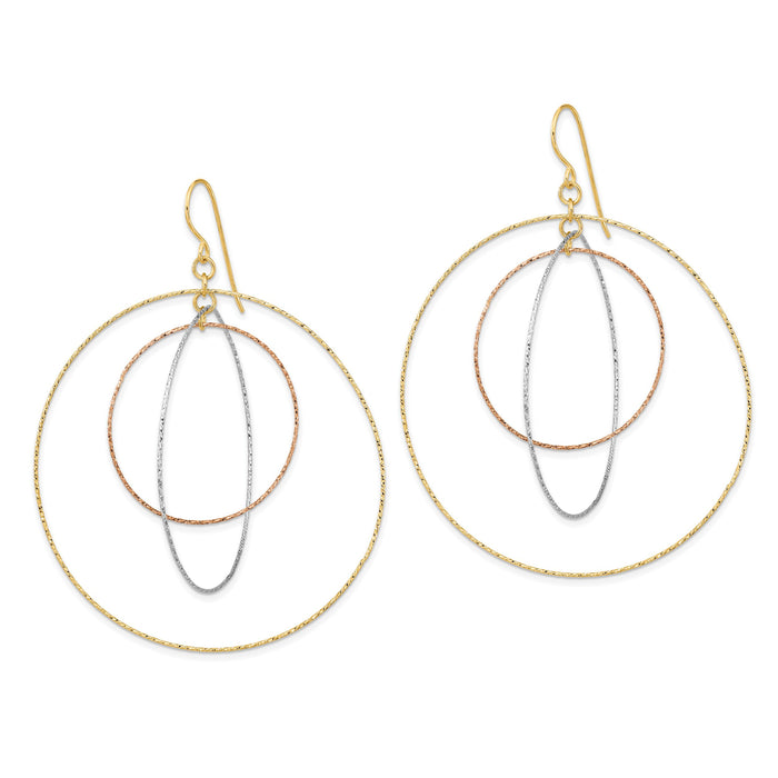 14k Tri-color Diamond Cut Graduated Circles Shepherd Hook Earrings-TL999