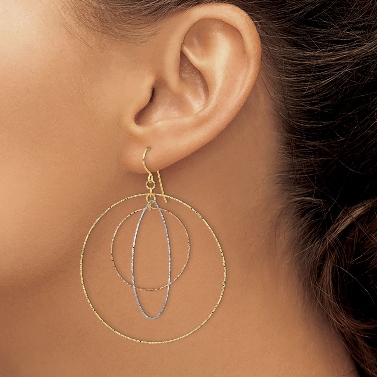14k Tri-color Diamond Cut Graduated Circles Shepherd Hook Earrings-TL999