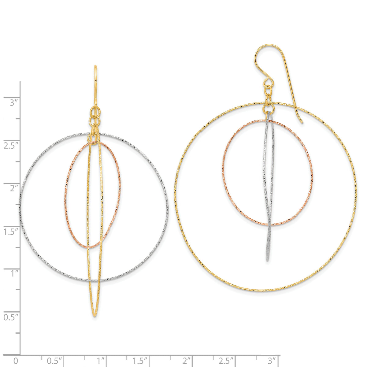 14k Tri-color Diamond Cut Graduated Circles Shepherd Hook Earrings-TL999
