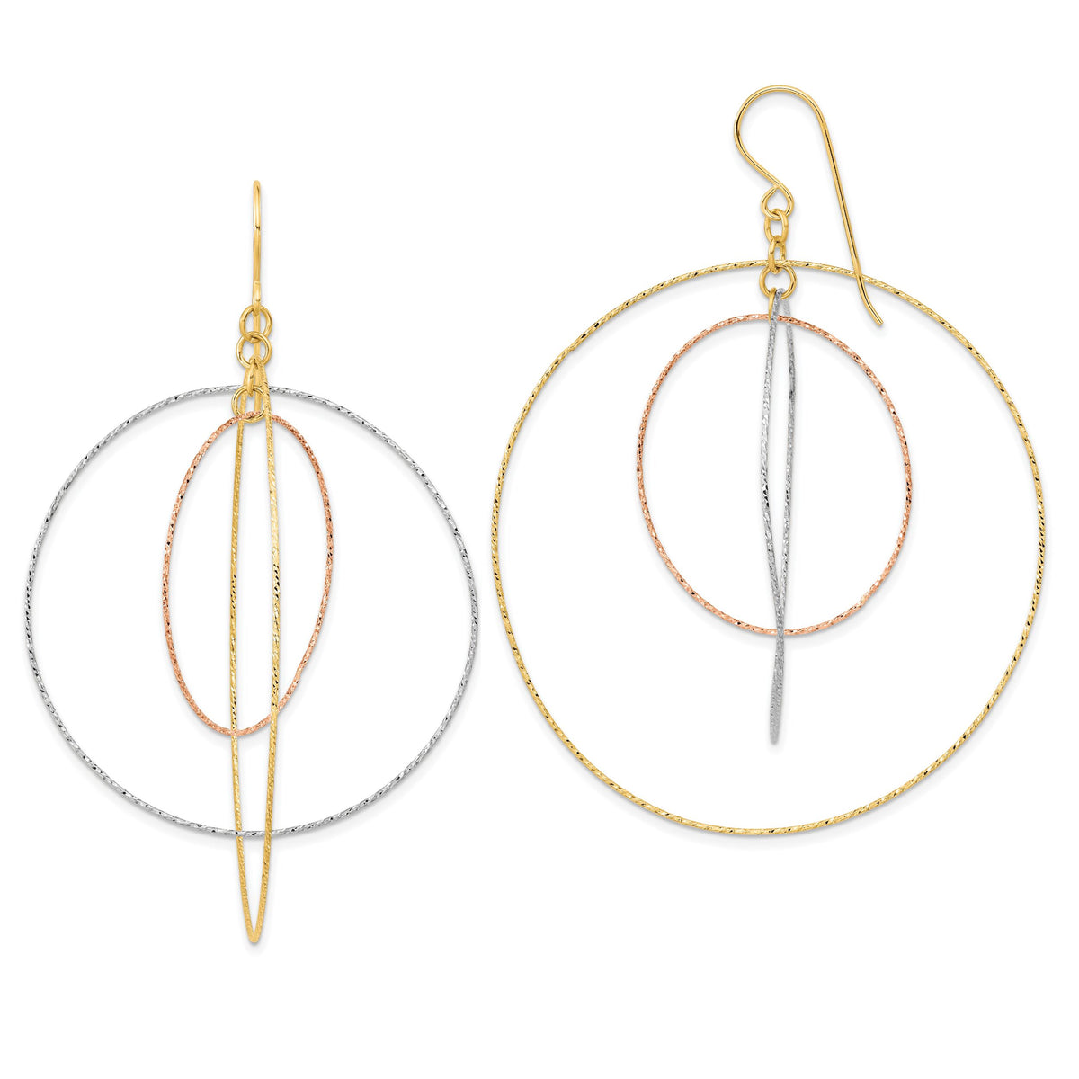 14k Tri-color Diamond Cut Graduated Circles Shepherd Hook Earrings-TL999