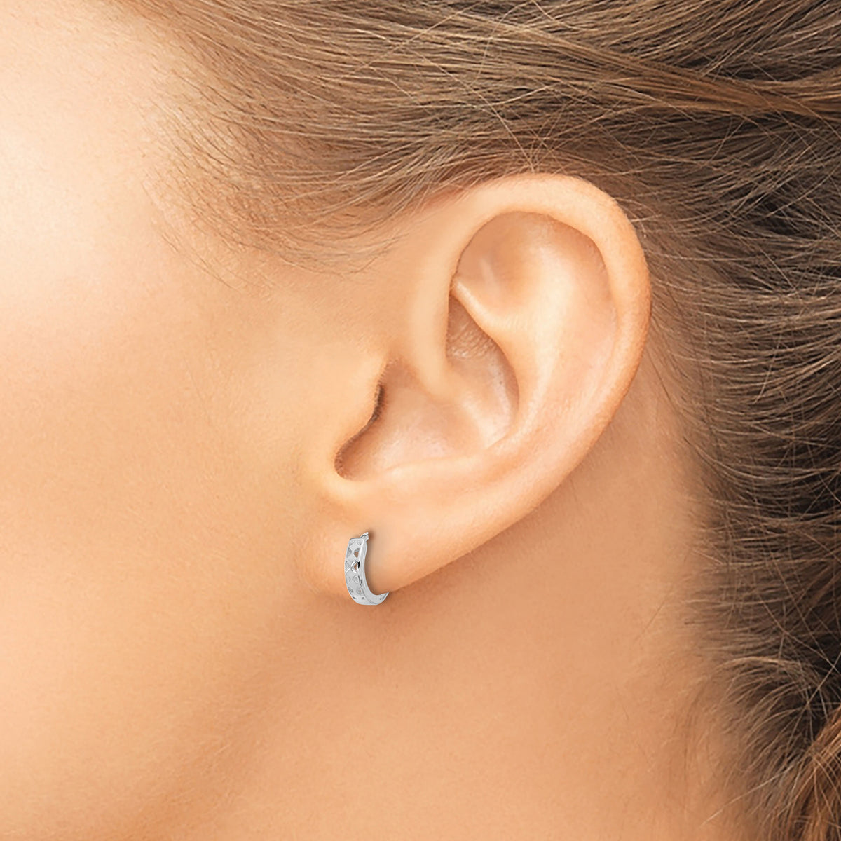 14k White Gold Cut-out Design Hinged Hoop Earrings-TM582