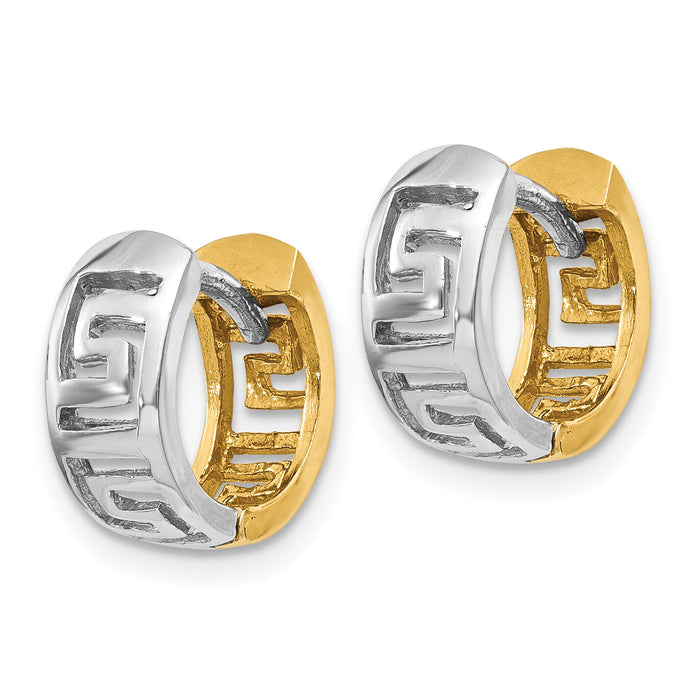 14k Two-tone Greek Key Hinged Hoop Earrings-TM590