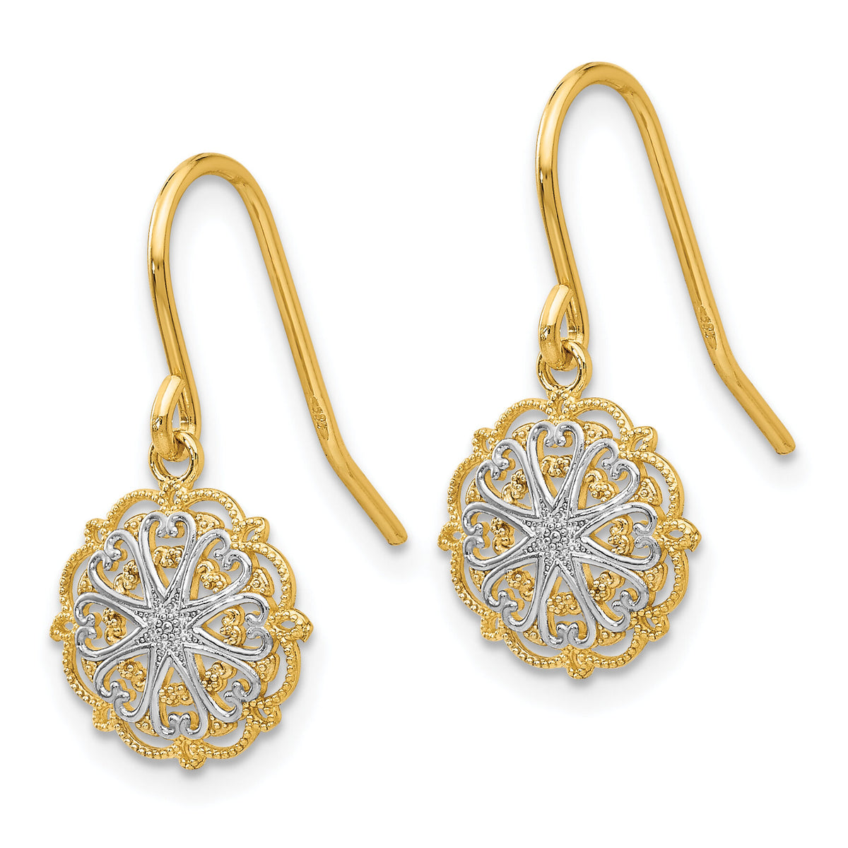 14k & Rhodium Polished and Textured Dangle Earrings-TM739