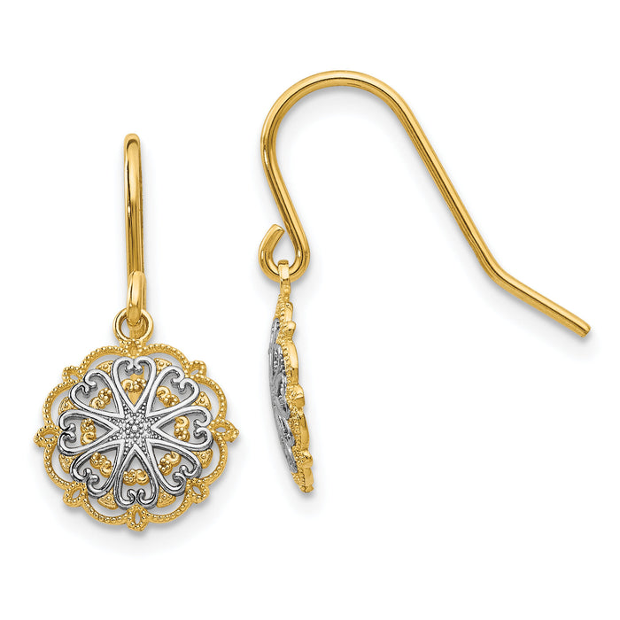 14k & Rhodium Polished and Textured Dangle Earrings-TM739