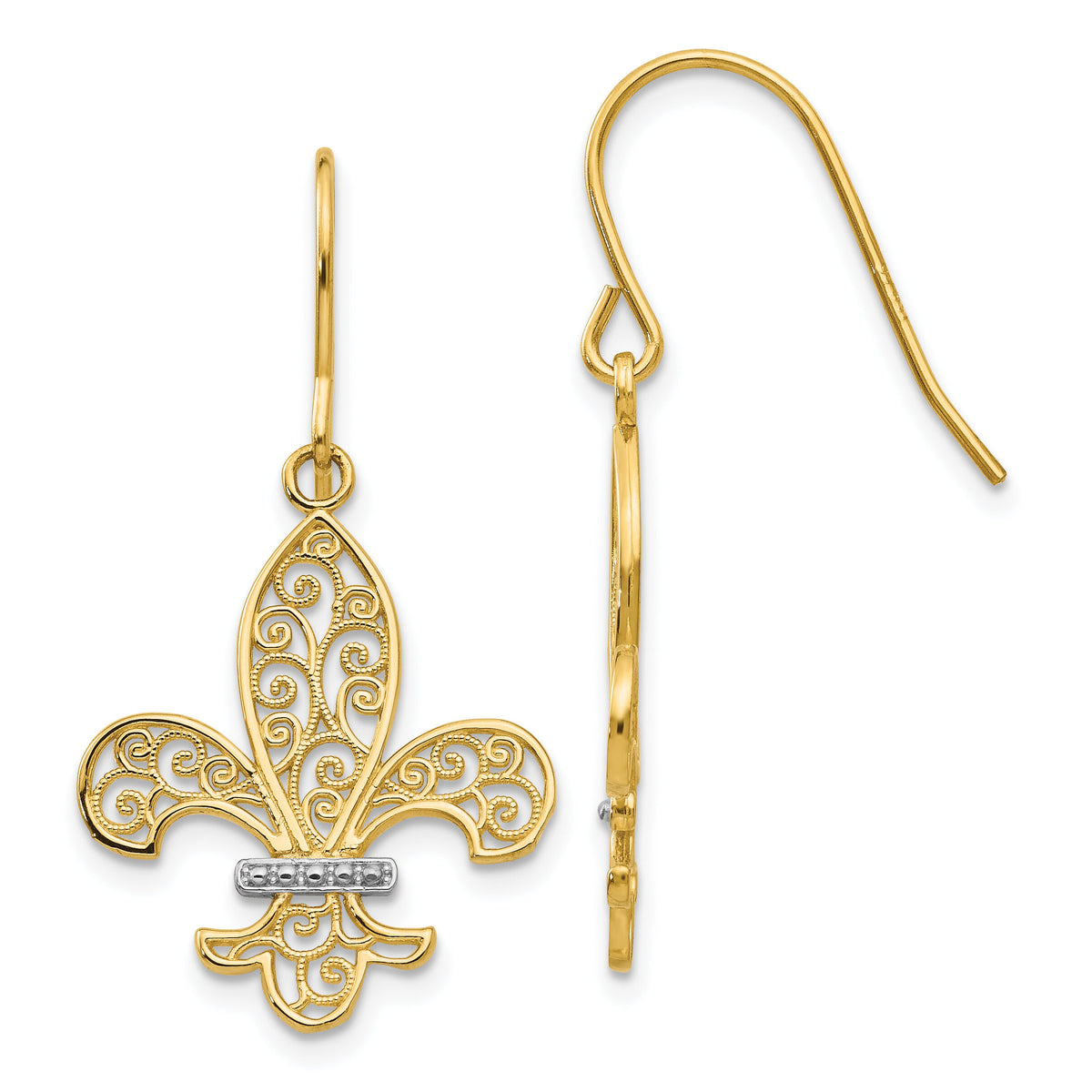 14k & Rhodium Fleur de lis Shepherd Hook Earrings-TM793