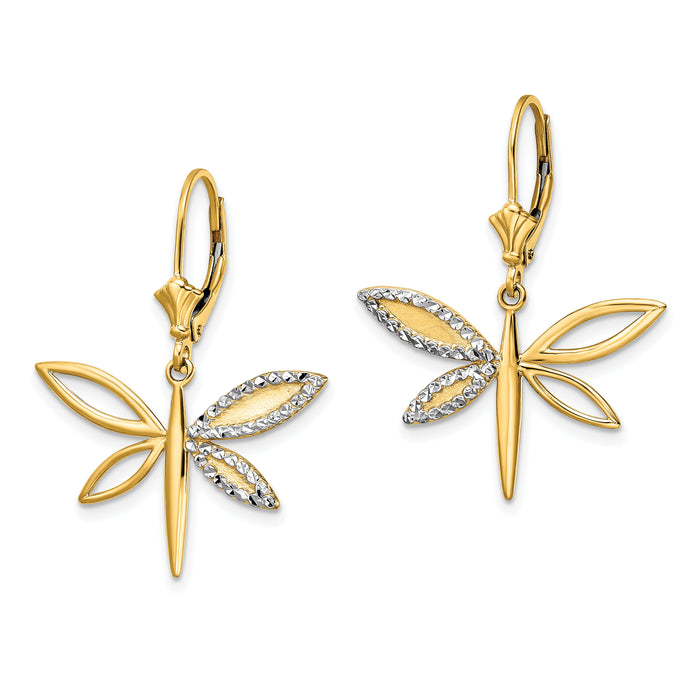 14k & White Rhodium D/C Dragonfly Leverback Earrings-TM799