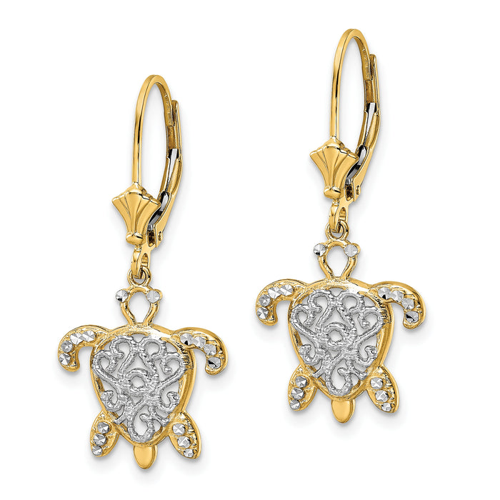 14k & White Rhodium D/C Filigree Turtle Leverback Earrings-TM801
