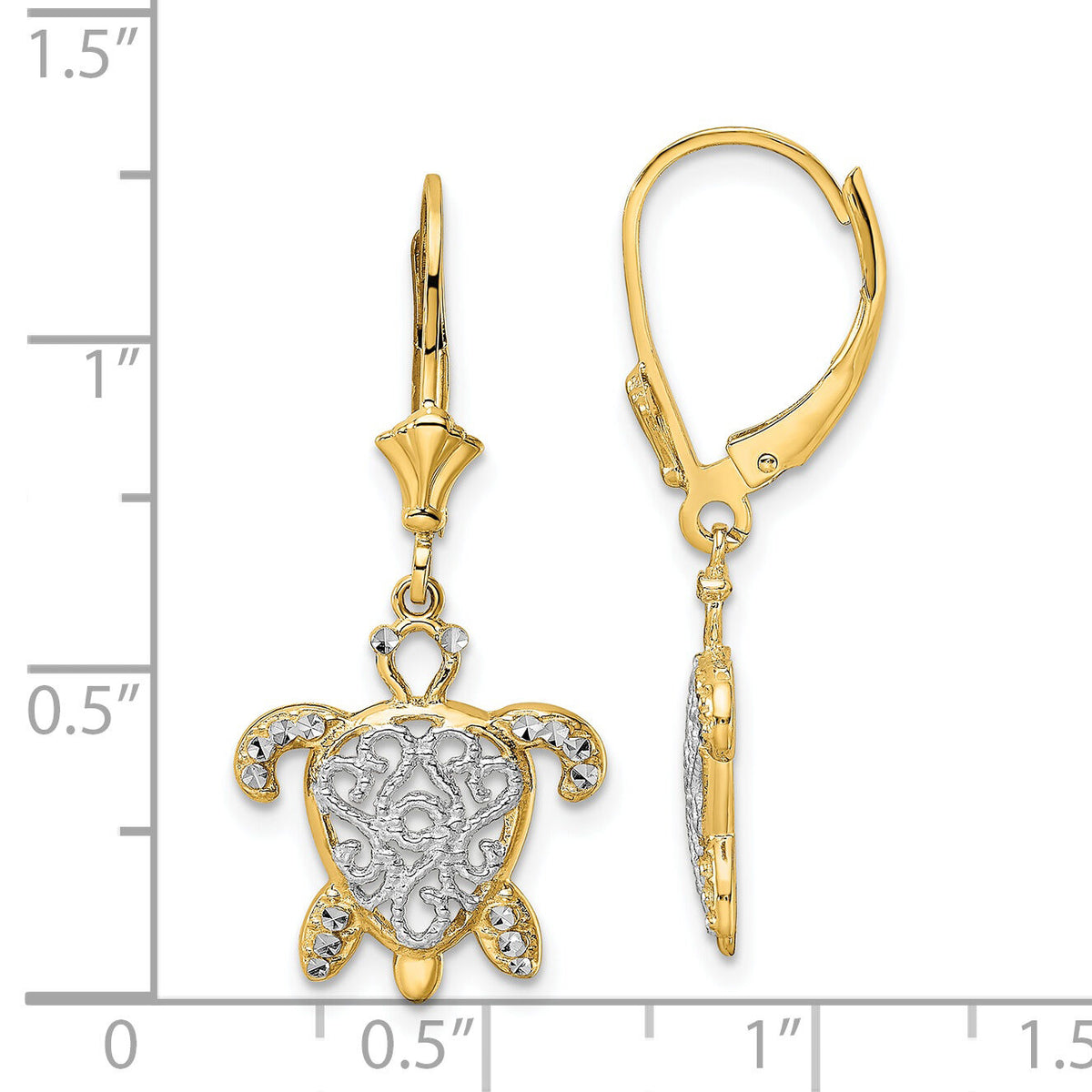 14k & White Rhodium D/C Filigree Turtle Leverback Earrings-TM801