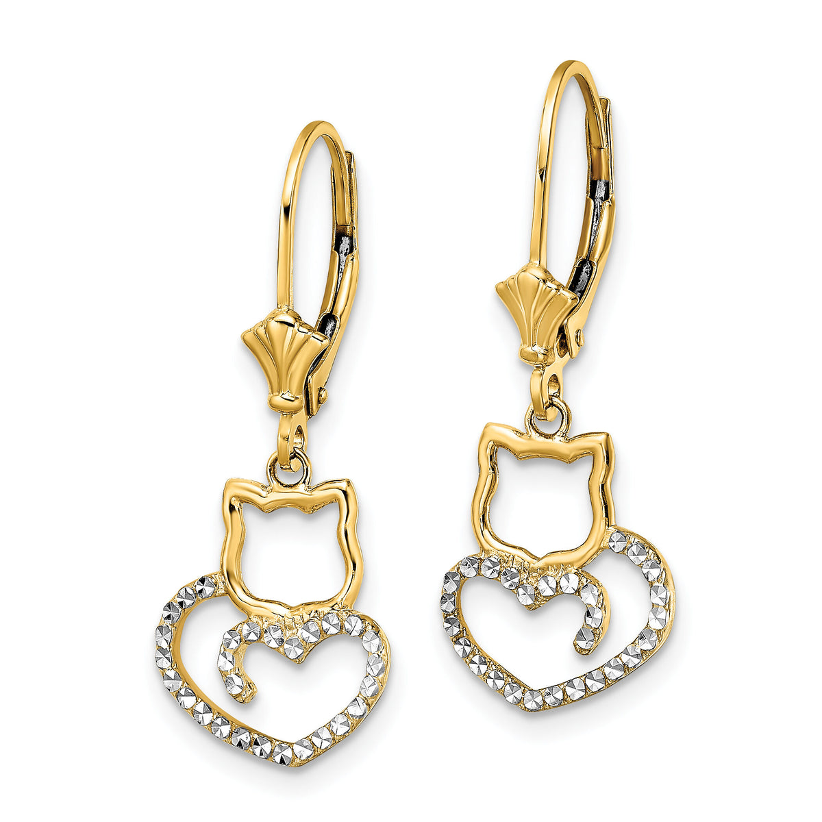 14k & White Rhodium D/C Cat Heart Leverback Earrings-TM806