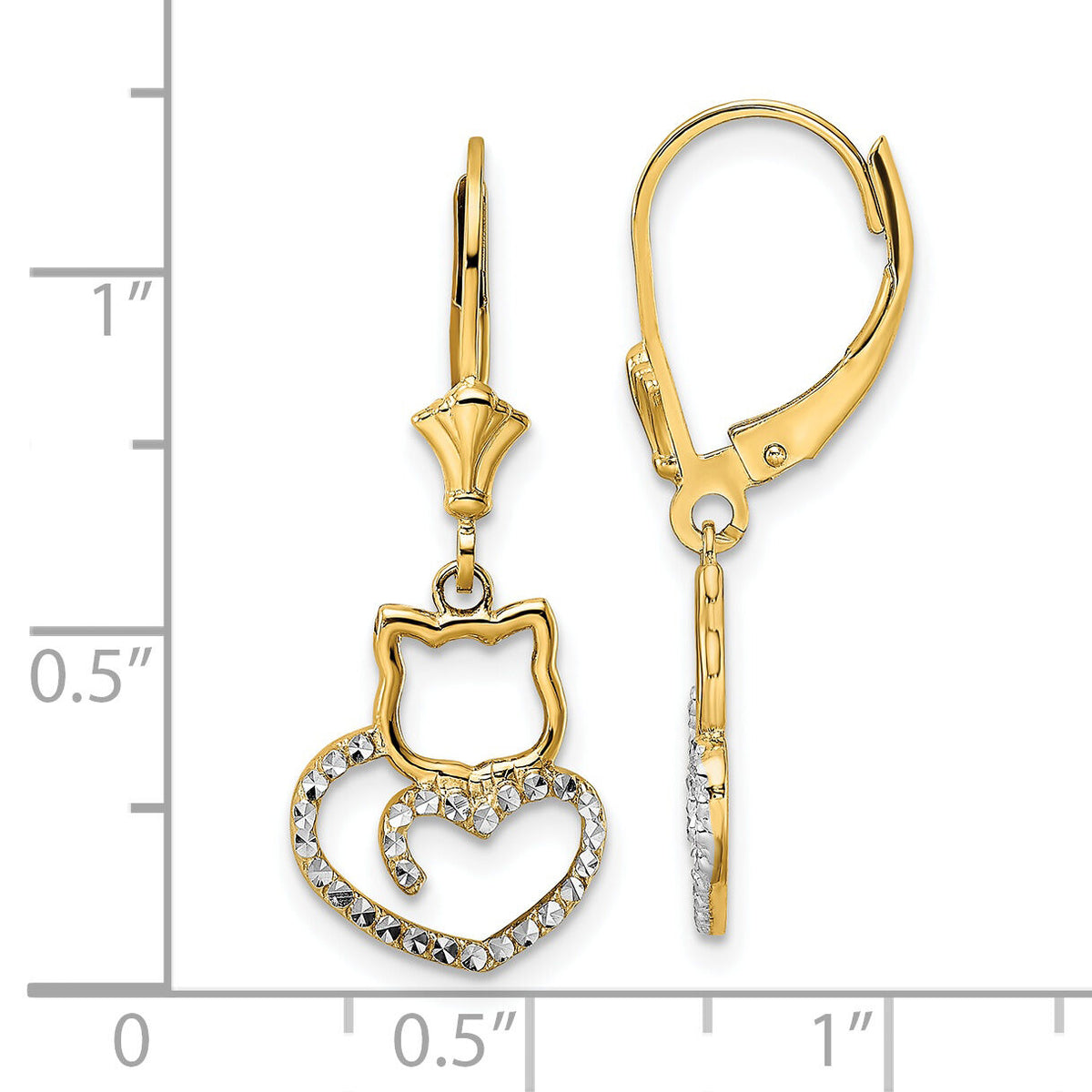 14k & White Rhodium D/C Cat Heart Leverback Earrings-TM806