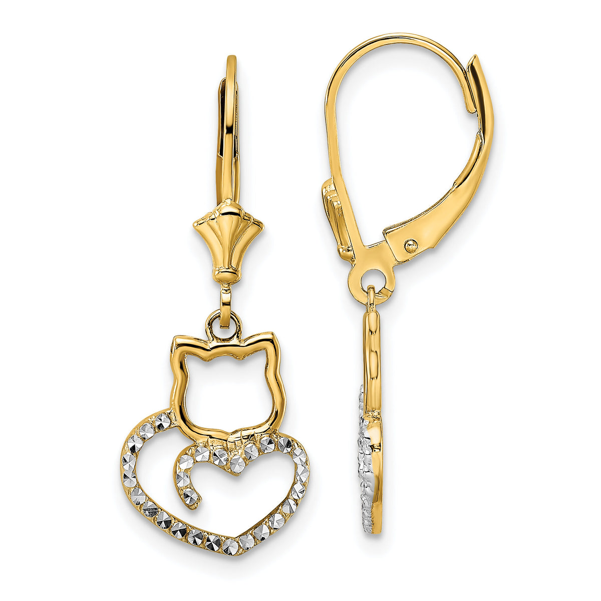 14k & White Rhodium D/C Cat Heart Leverback Earrings-TM806