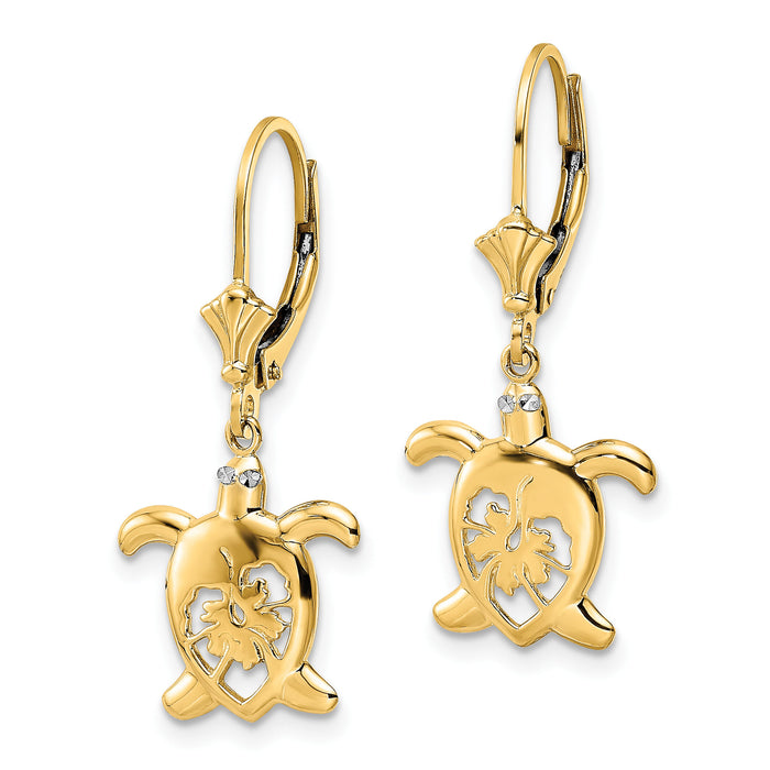 14k & White Rhodium D/C Floral Turtle Leverback Earrings-TM807