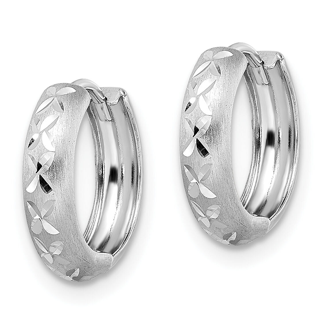 14k White Gold Diamond-cut X Satin 3x13mm Hinged Hoop Earrings-TM809W