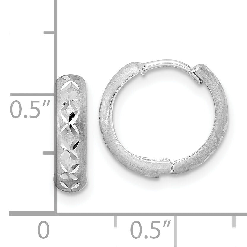 14k White Gold Diamond-cut X Satin 3x13mm Hinged Hoop Earrings-TM809W
