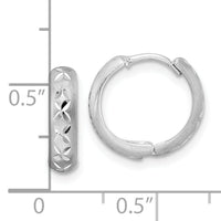 14k White Gold Diamond-cut X Satin 3x13mm Hinged Hoop Earrings-TM809W
