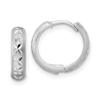 14k White Gold Diamond-cut X Satin 3x13mm Hinged Hoop Earrings-TM809W