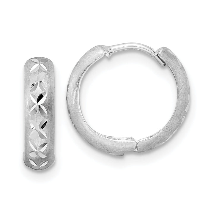 14k White Gold Diamond-cut X Satin 3x13mm Hinged Hoop Earrings-TM809W