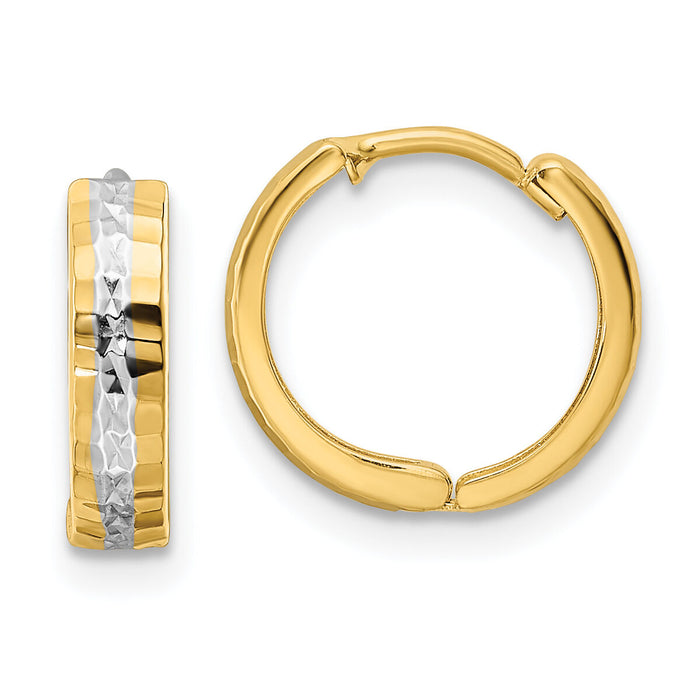 14k w/Rhodium Diamond-cut 3x12mm Hinged Hoop Earrings-TM810