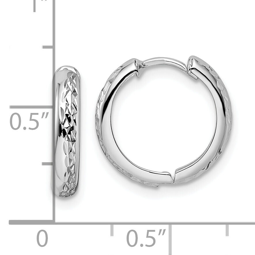 14k White Gold Polished Textured 3x15mm Hinged Hoop Earrings-TM813W