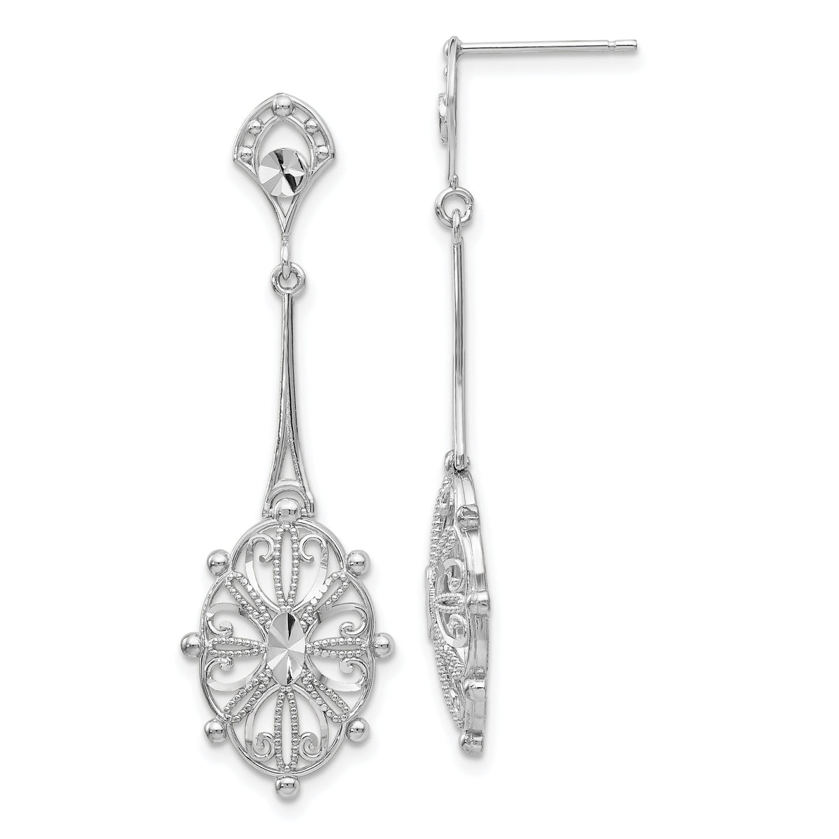 14k White Gold Diamond-cut Filigree Earrings-TP137