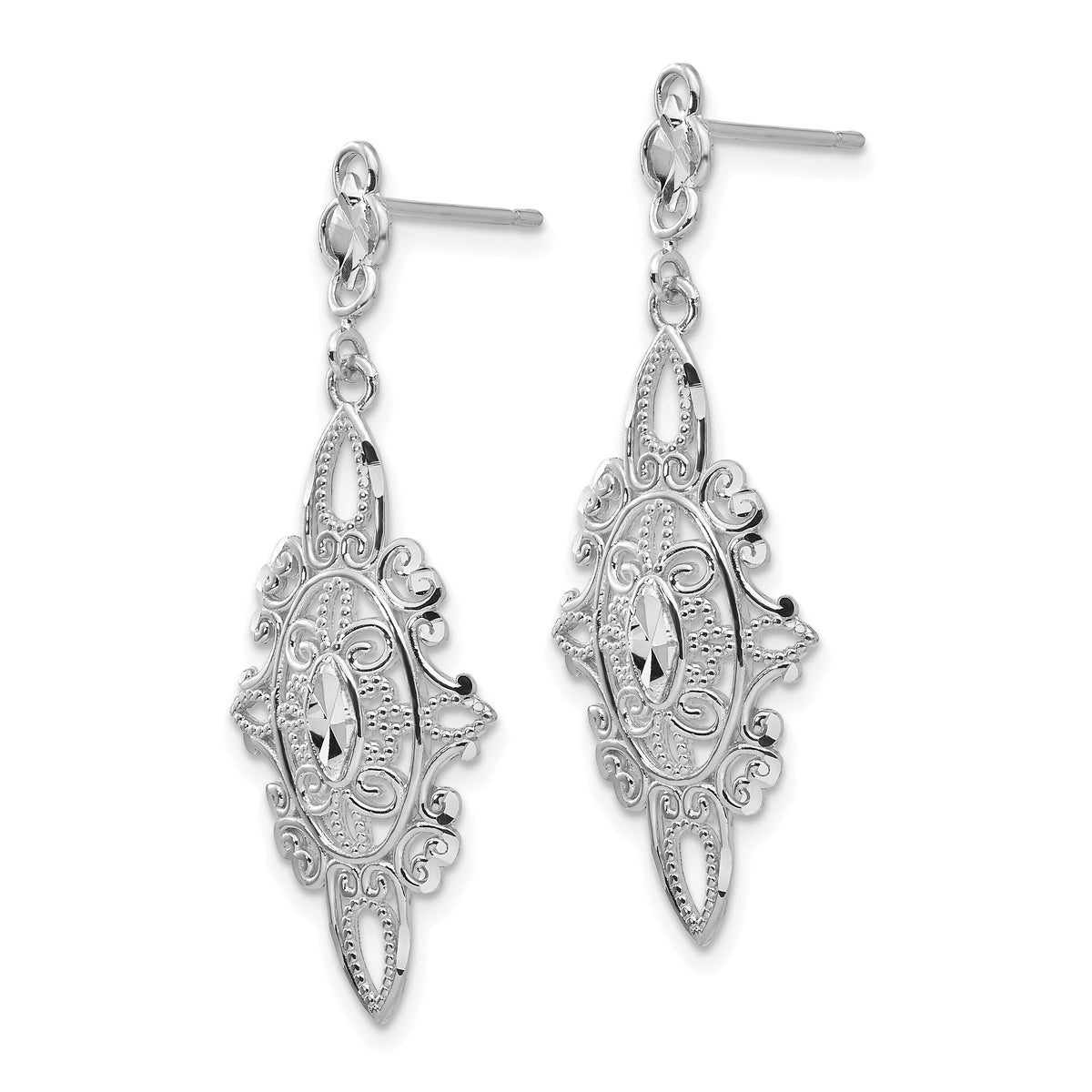 14k White Gold Diamond-cut Filigree Dangle Earrings-TP138