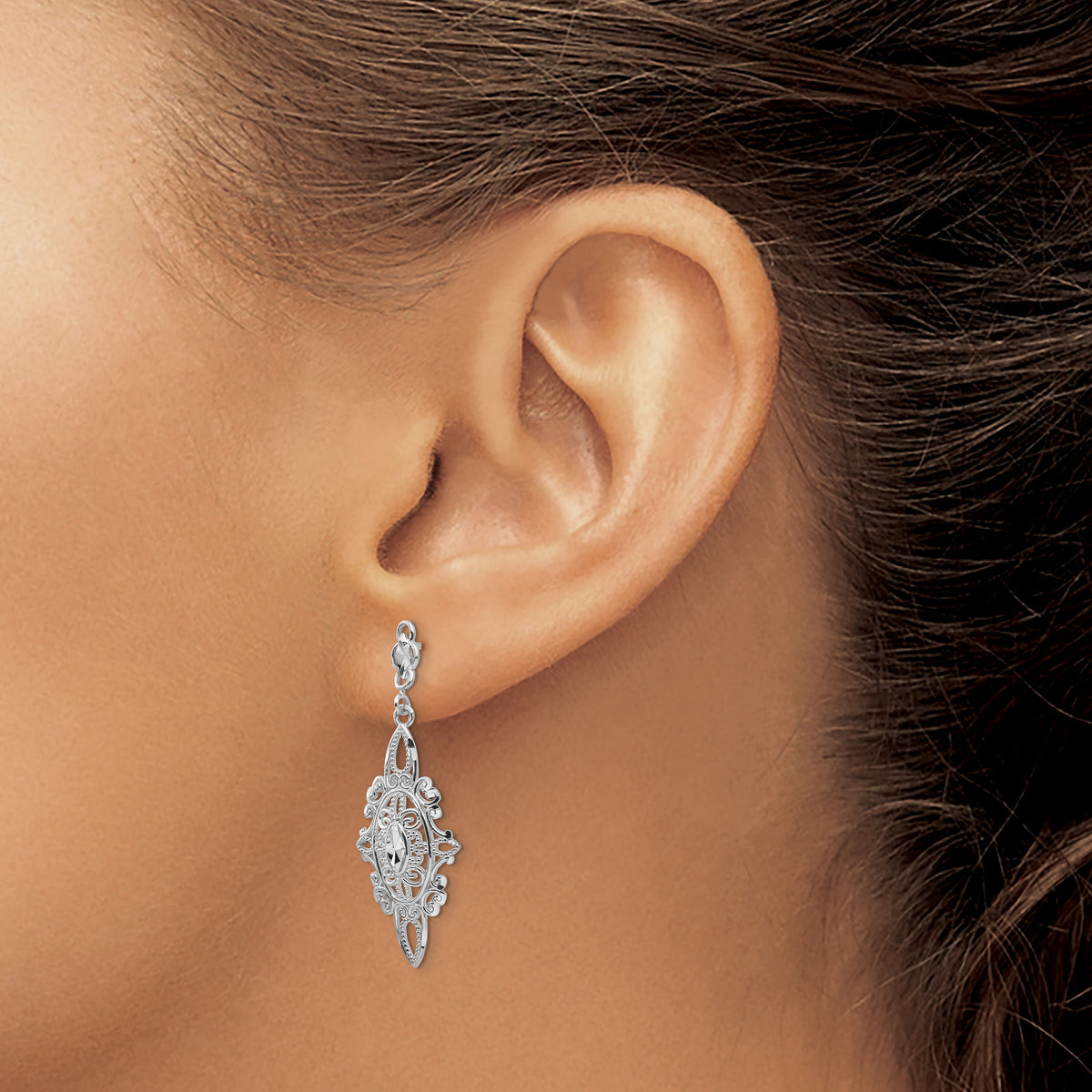 14k White Gold Diamond-cut Filigree Dangle Earrings-TP138