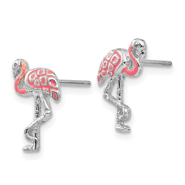 14K White Gold Pink Enameled Flamingo Post Earrings-TP161W