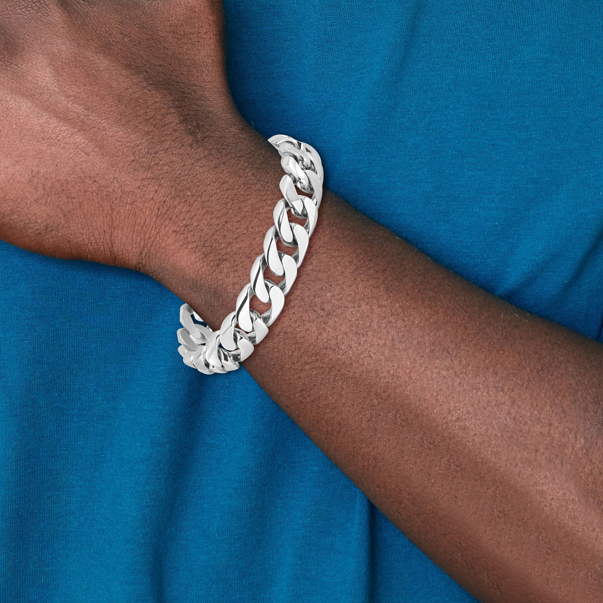 14k White Gold 13.4mm Hand-polished Rounded Curb Link Bracelet-WLK128-8
