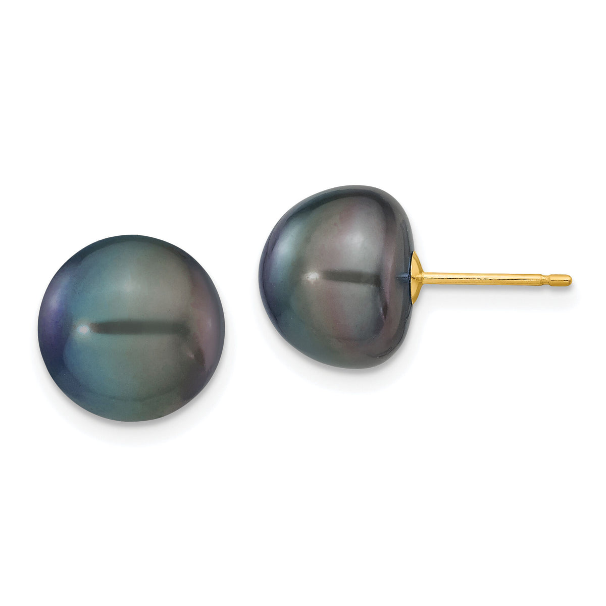 14k 10-11mm Black Button FW Cultured Pearl Stud Post Earrings-X100BB