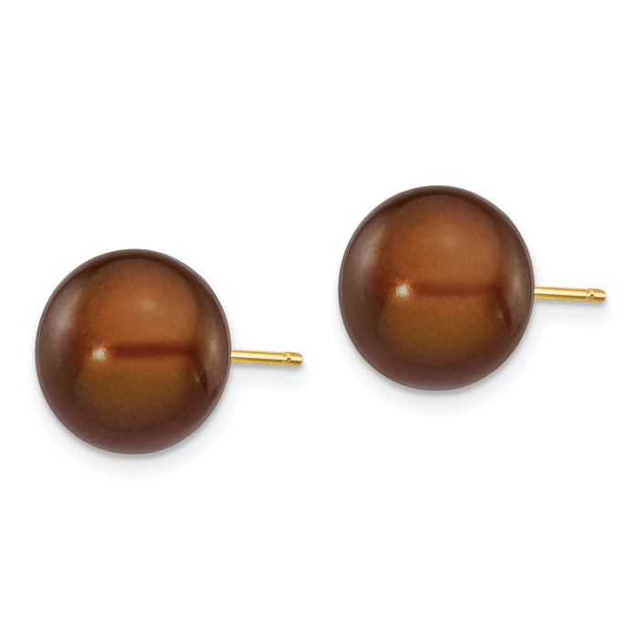 14k 10-11mm Brown Button Freshwater Cultured Pearl Stud Post Earrings-X100BC