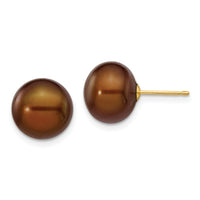 14k 10-11mm Brown Button Freshwater Cultured Pearl Stud Post Earrings-X100BC