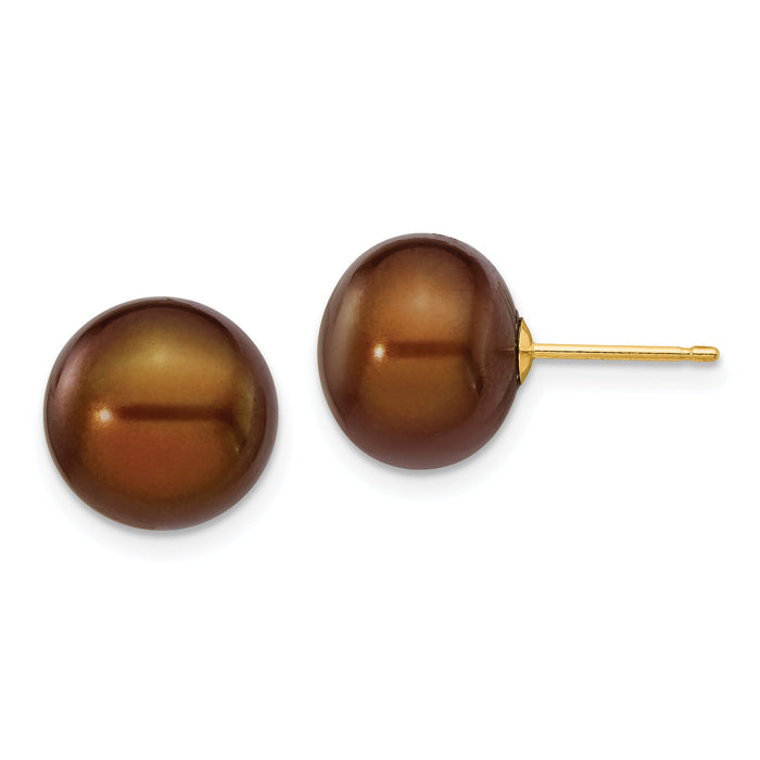 14k 10-11mm Brown Button Freshwater Cultured Pearl Stud Post Earrings-X100BC