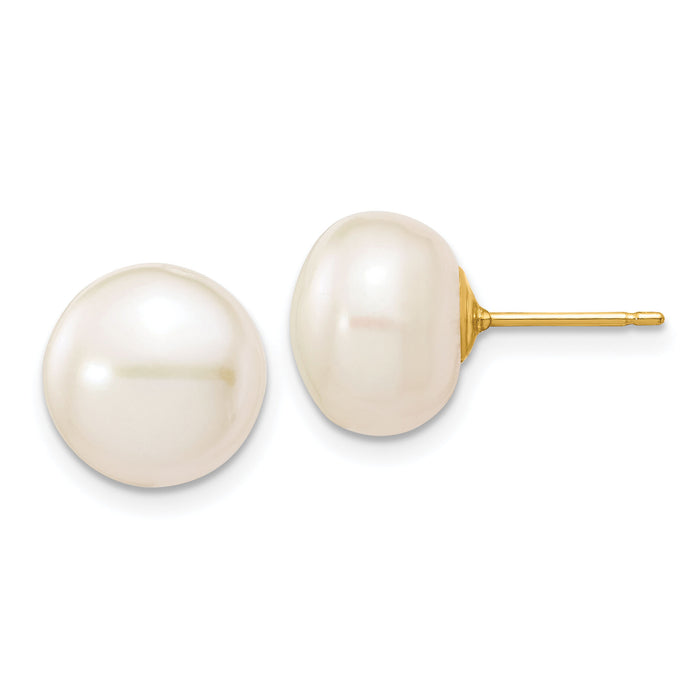 14k 10-11mm White Button Freshwater Cultured Pearl Stud Post Earrings-X100BW