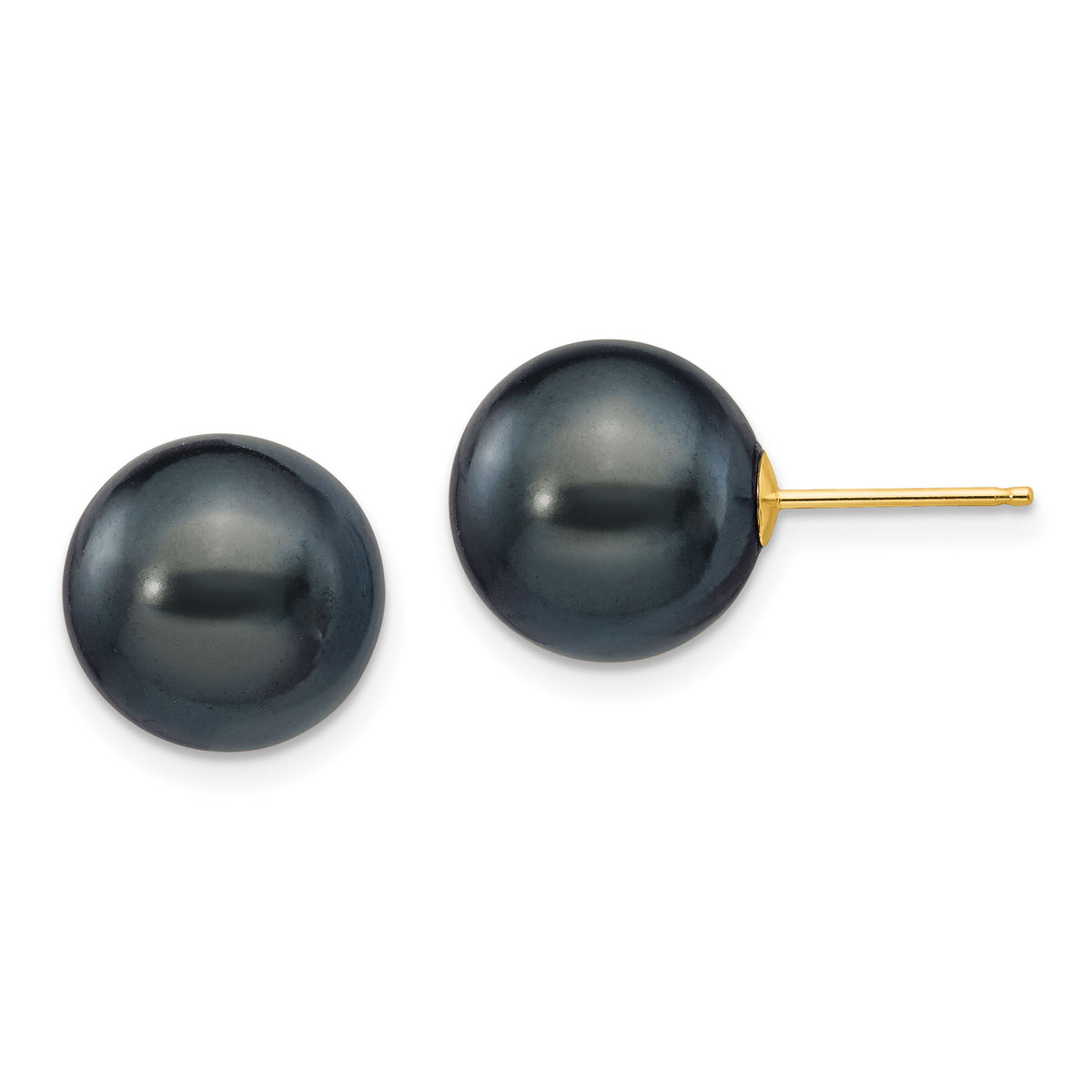 14k 10-11mm Black Round Freshwater Cultured Pearl Stud Post Earrings-X100PB