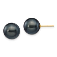 14k 10-11mm Black Round Freshwater Cultured Pearl Stud Post Earrings-X100PB