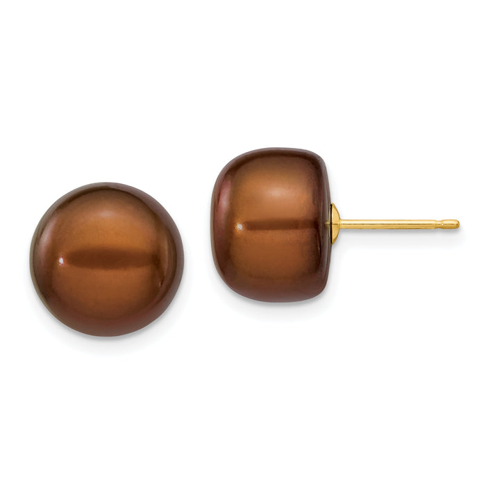 14k 11-12mm Brown Button Freshwater Cultured Pearl Stud Post Earrings-X110BC