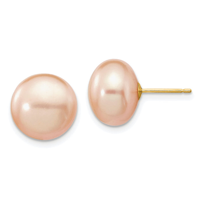 14k 11-12mm Pink Button FW Cultured Pearl Stud Post Earrings-X110BPI